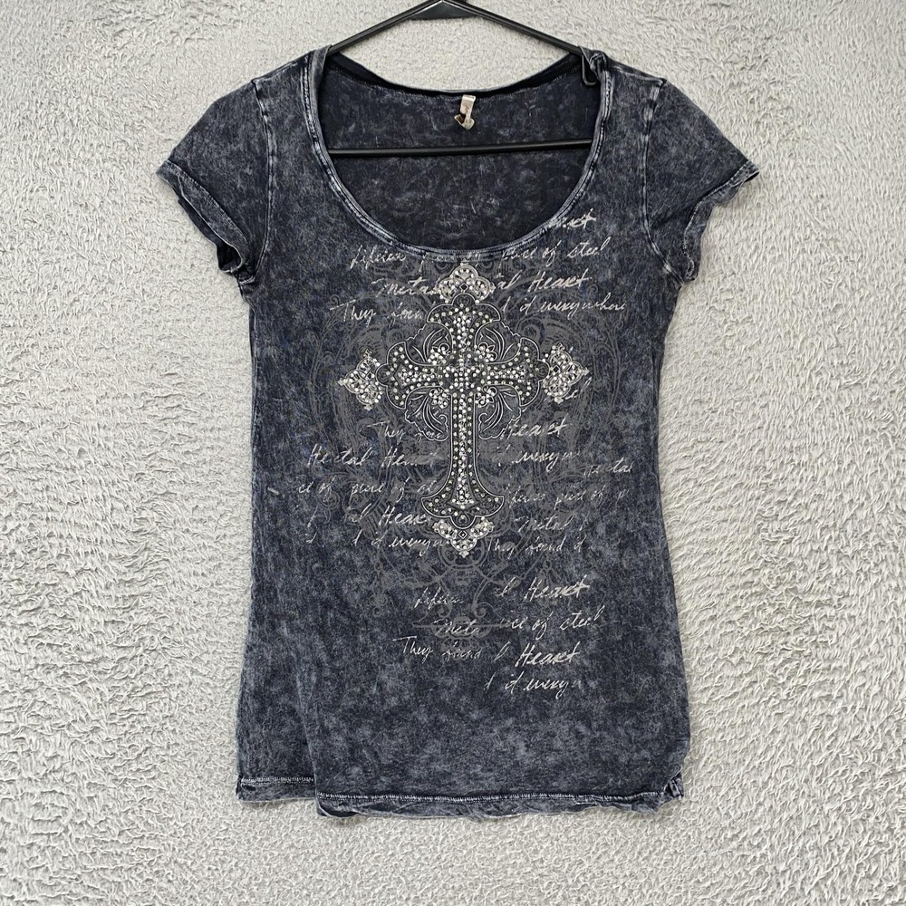 Y2K Grunge T-Shirt Womens Small McBling Rhinestone Cross Acid Wash Top Cyber